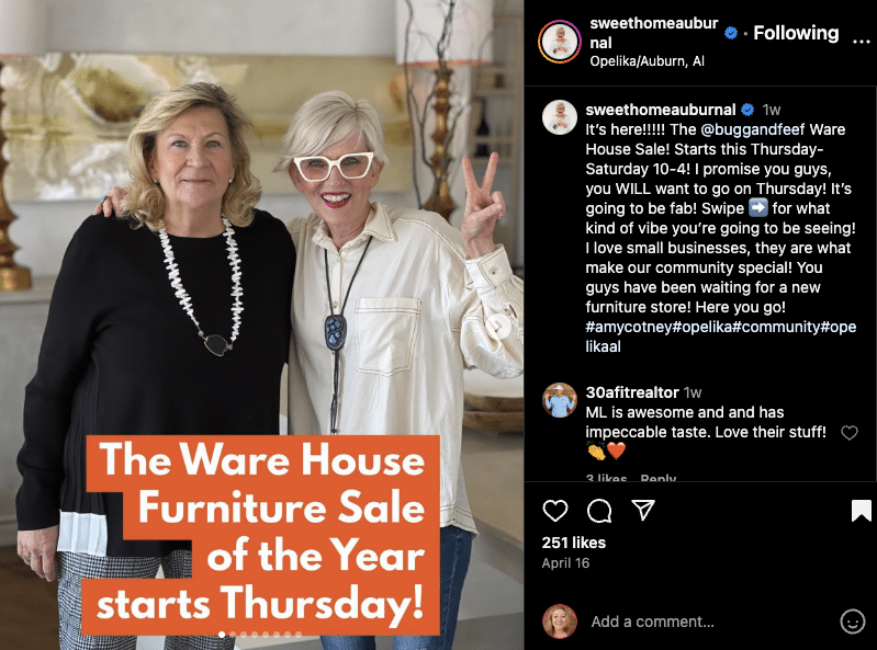 Screenshot of an Instagram carousel post featuring two women smiling, one wrapping her arm around the other and smiling, with text overlay reading "The Ware House furniture sale of the year starts Thursday!"